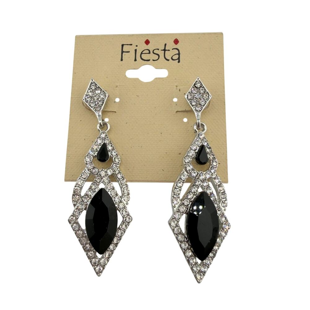 Vintage Fiesta Rhinestone Geometric Art Deco Inspired Dangle Drop 2.25" Earrings